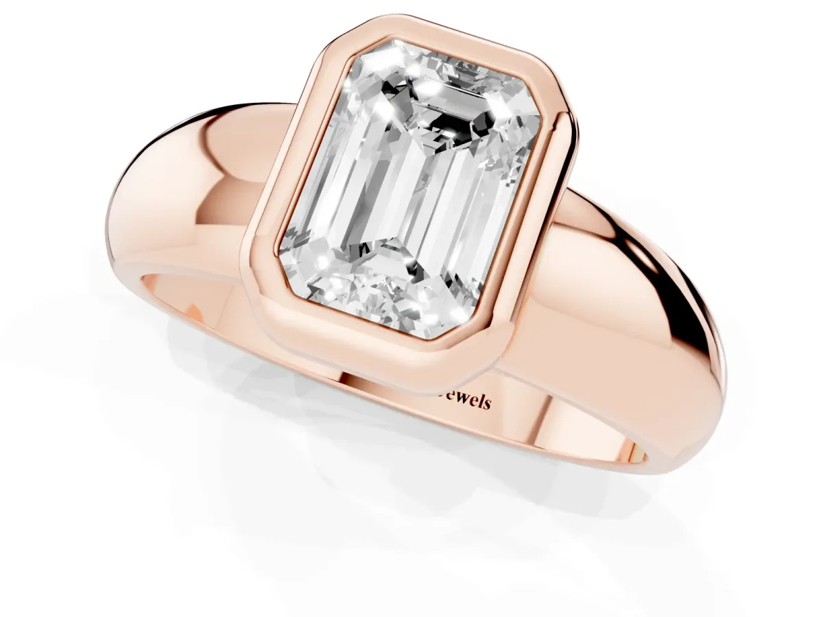 Bezel Set Emerald Cut Solitaire Ring with Wide Band Rose gold