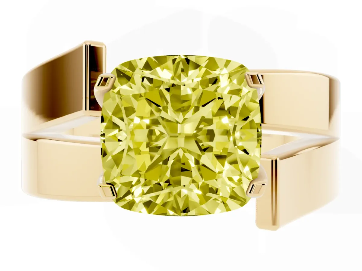 Fancy Yellow Modern Tension Set Cushion Cut Diamond Solitaire Wide Band Ring Yellow gold