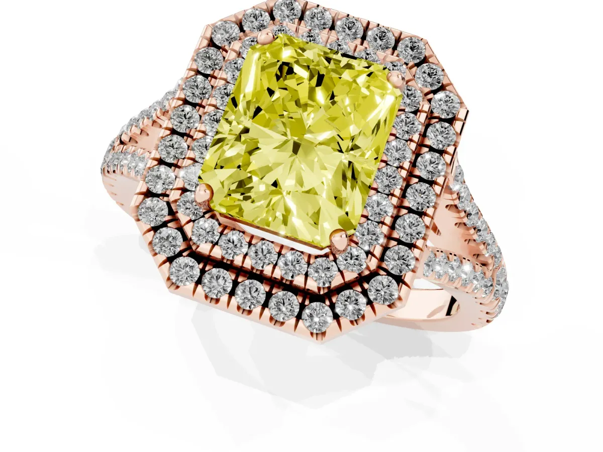 Fancy Yellow Radiant Cut Diamond Double Halo Ring with Pavé Band and Prong Setting Rose gold