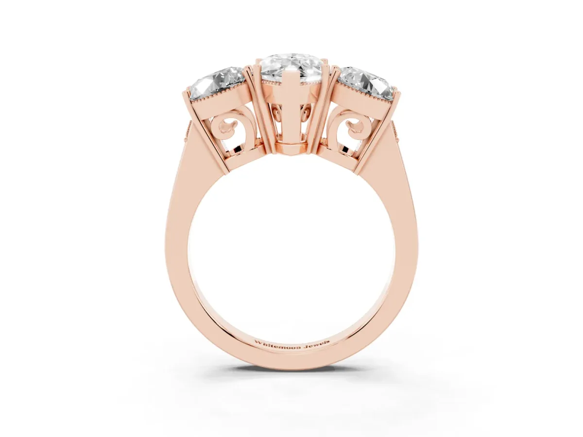 Three-Stone Marquise Cut Diamond Engagement Ring with Prong Setting on a Classic Band Rose gold