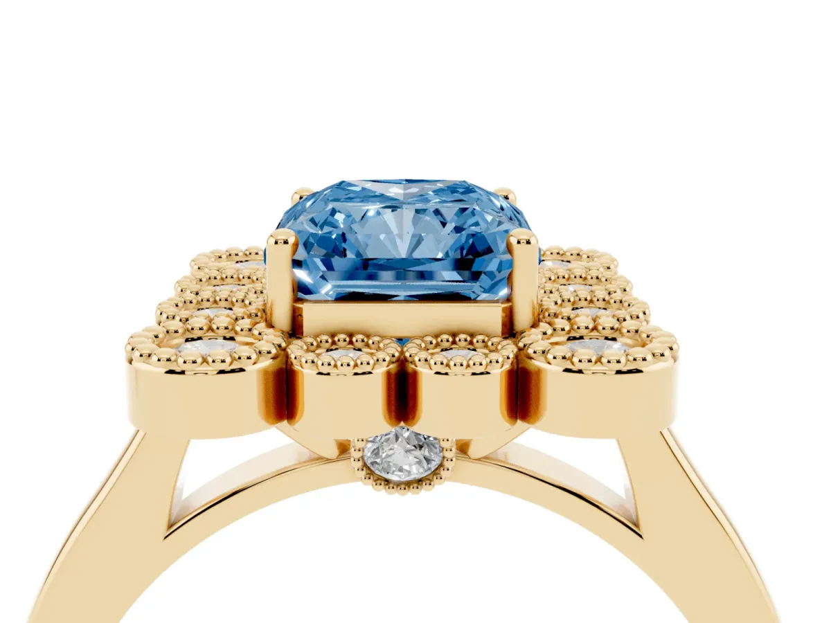 Fancy Blue Radiant Cut Halo Diamond Cluster Engagement Ring with Milgrain Bezel Setting and Solitaire Band Yellow gold