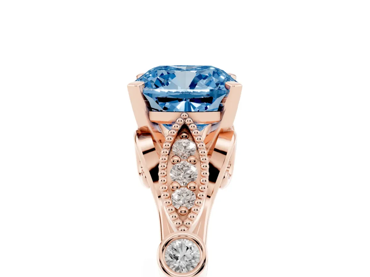 Fancy Blue Cushion Cut Cut Diamond with Milgrain Marquise and Bezel Accents on a Solitaire Band with Prong Setting Rose gold