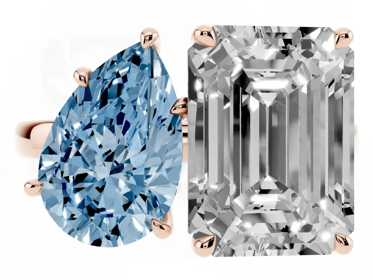 Fancy Blue Pear Cut and Emerald Cut Toi Moi Ring with Prong Setting Rose gold