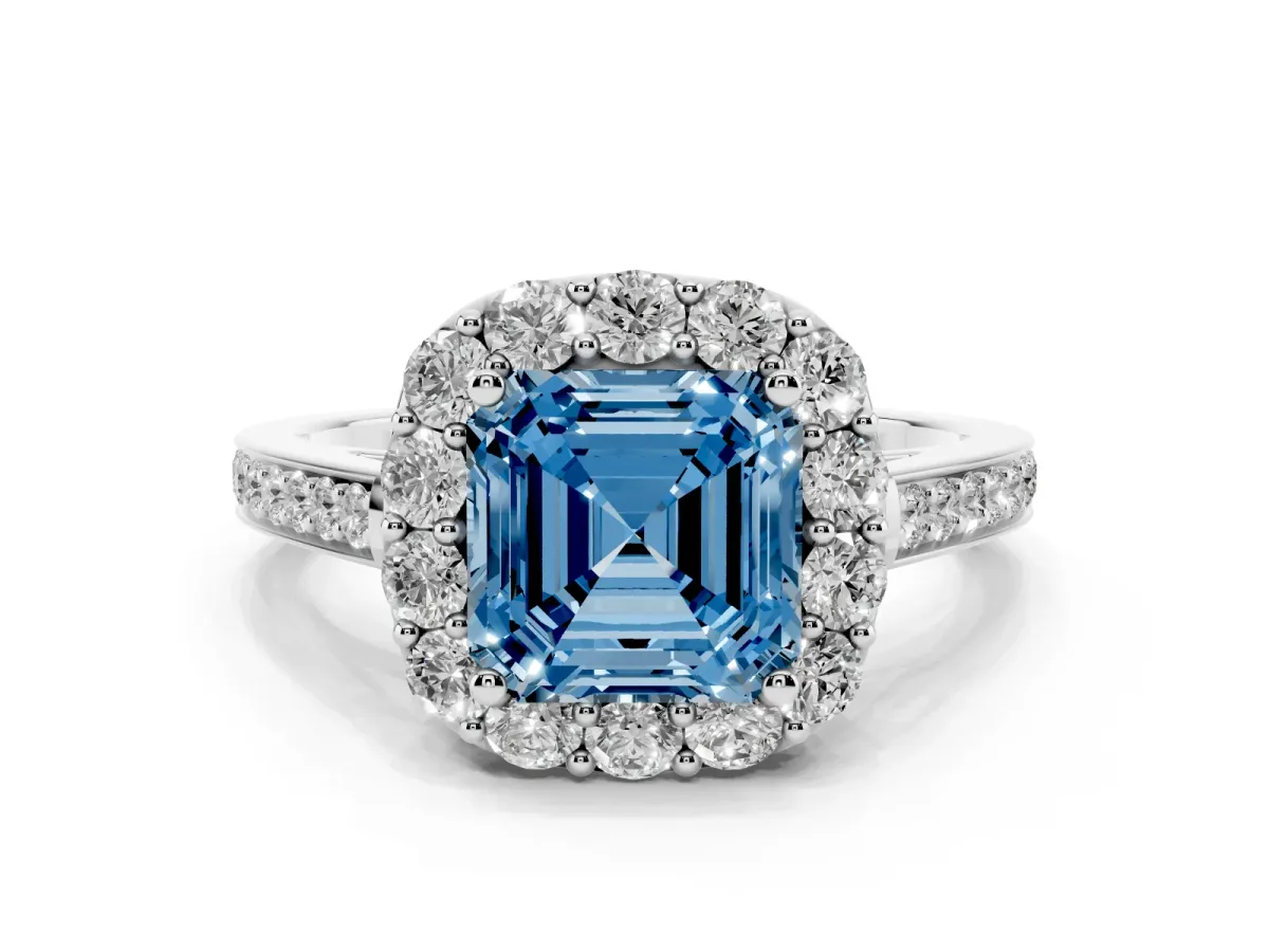 Fancy Blue Asscher Cut Diamond Floral Halo Ring with Pavé Band and Prong Setting White gold