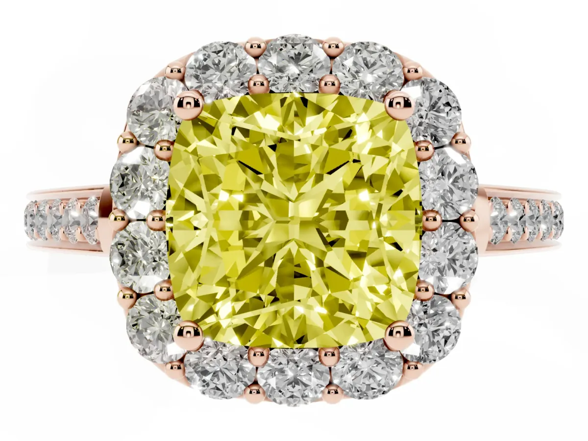 Fancy Yellow Cushion Cut Diamond Floral Halo Ring with Pavé Band and Prong Setting Rose gold