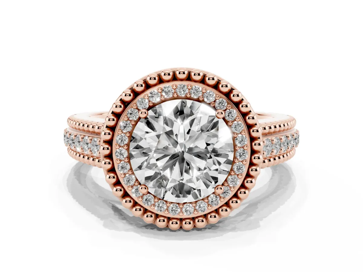 Round Cut Halo Diamond Ring with Beaded Split Shank and Four-Prong Setting Rose gold
