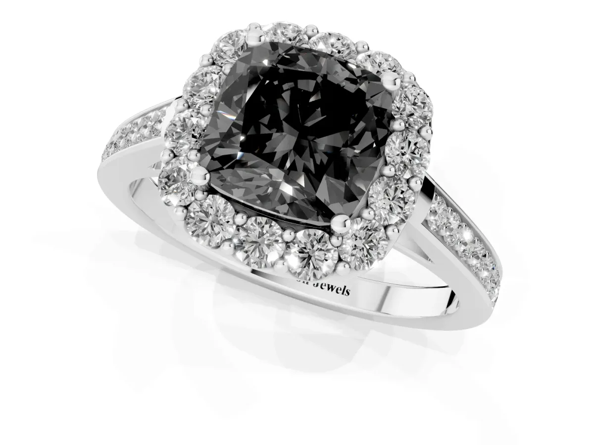 Fancy Black Cushion Cut Diamond Floral Halo Ring with Pavé Band and Prong Setting White gold