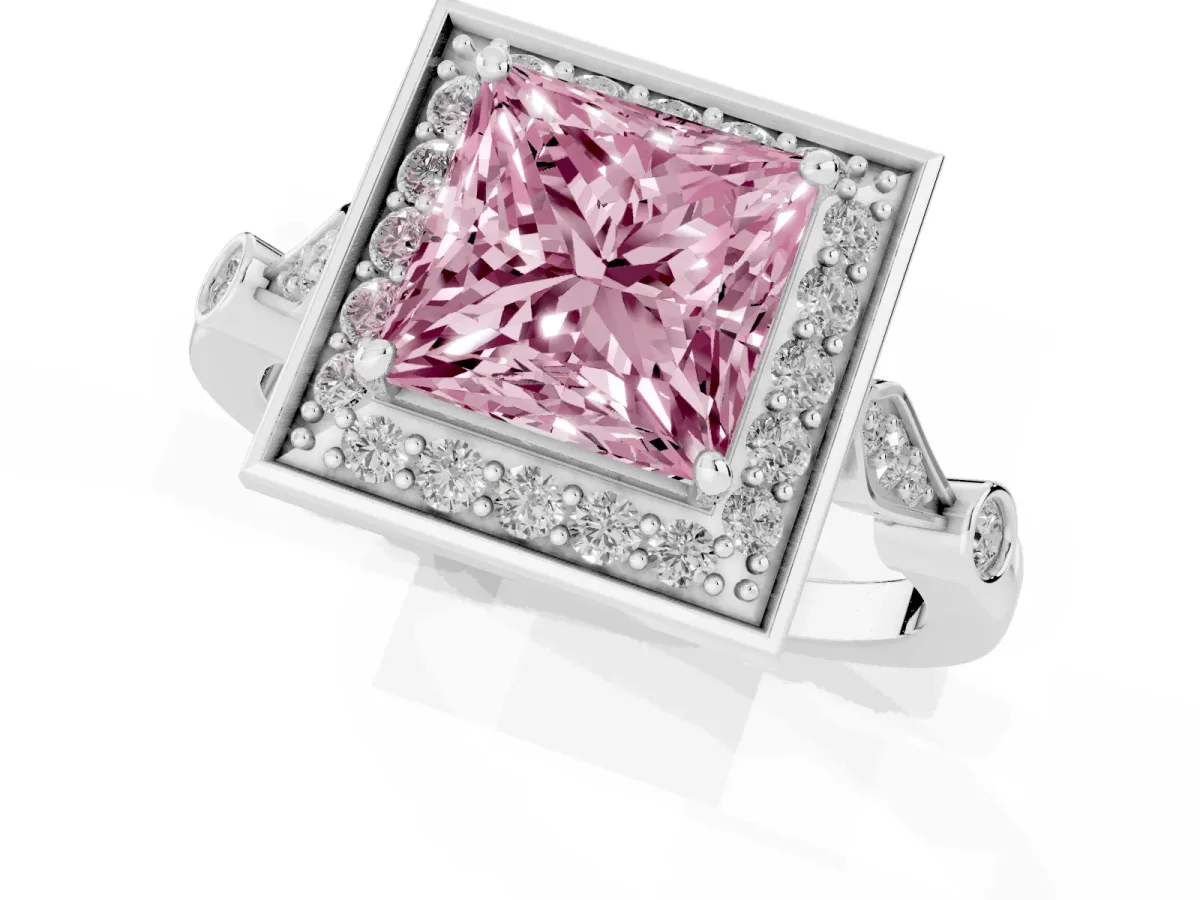 Fancy Pink Princess Cut Halo Diamond Engagement Ring with Twisted Band and Four-Prong Setting Platinum