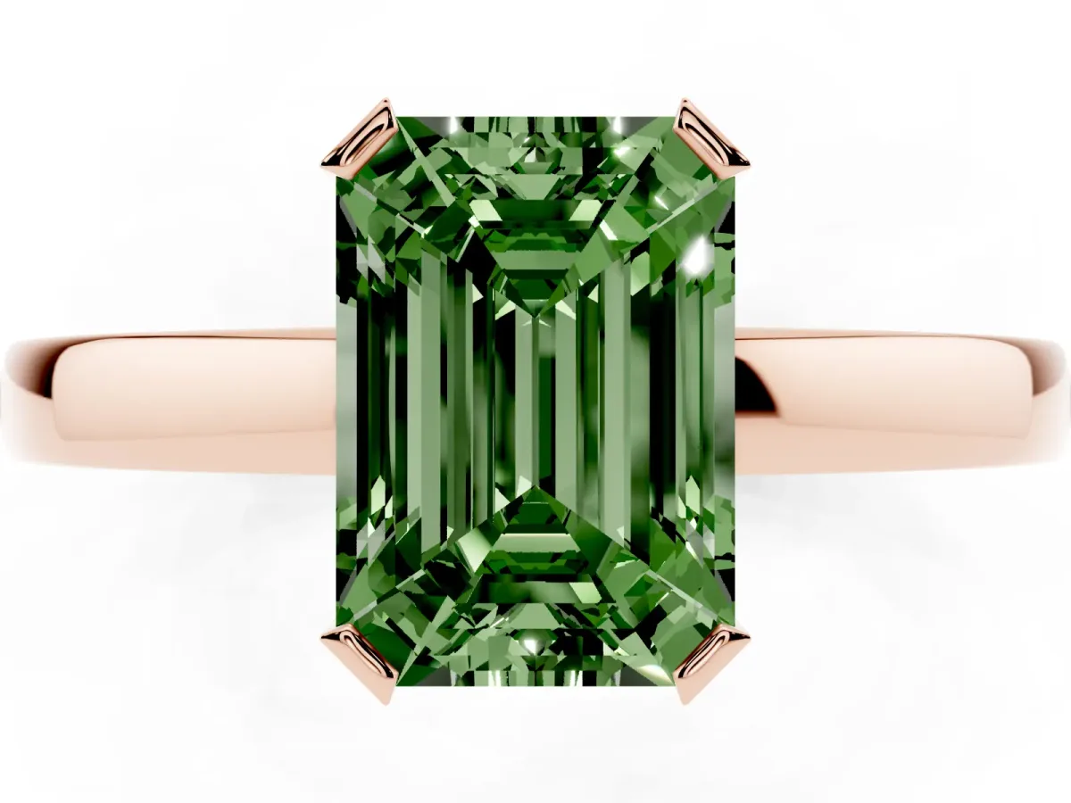 Fancy Green Emerald Cut Cut Solitaire Ring with Four-Prong Setting and Classic Band Rose gold