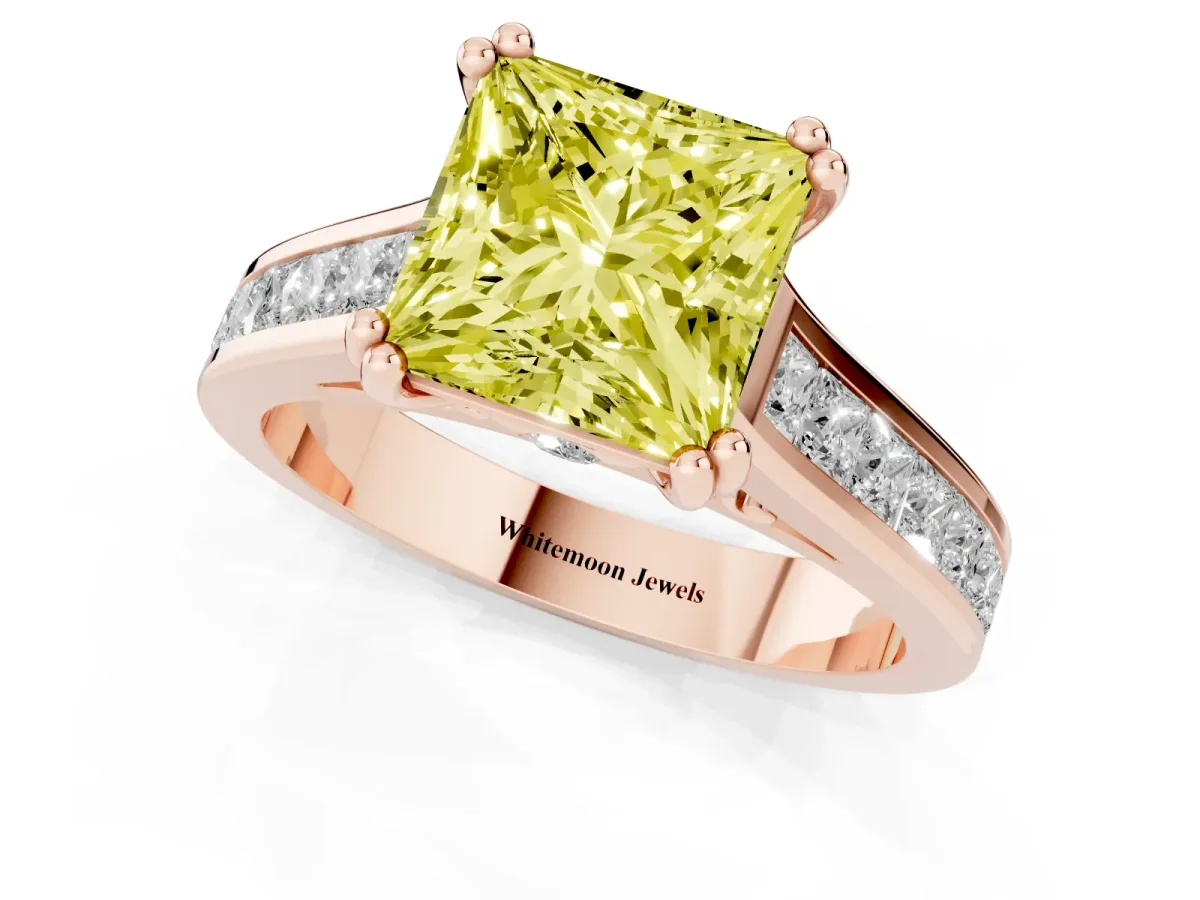 Fancy Yellow Princess Cut Cut Channel Set Solitaire Engagement Ring with Prong Setting Rose gold