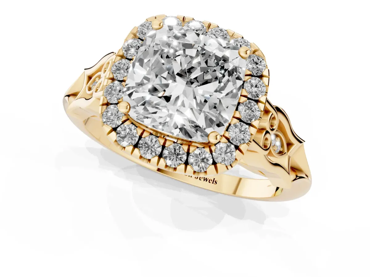 Cushion Cut Halo Diamond Engagement Ring with Filigree Band and Four-Prong Setting Yellow gold