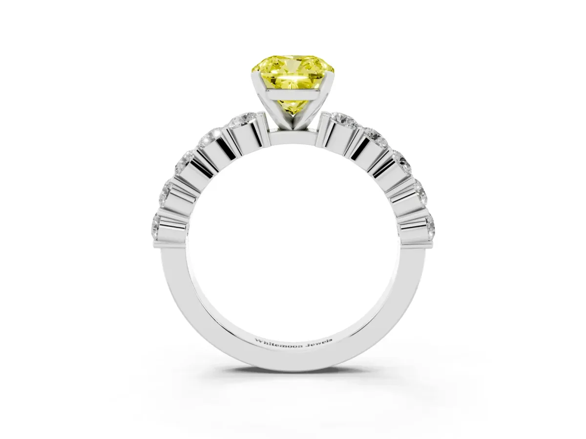 Fancy Yellow Cushion Cut Diamond Solitaire Ring with Shared Prong Round Side Stones Silver