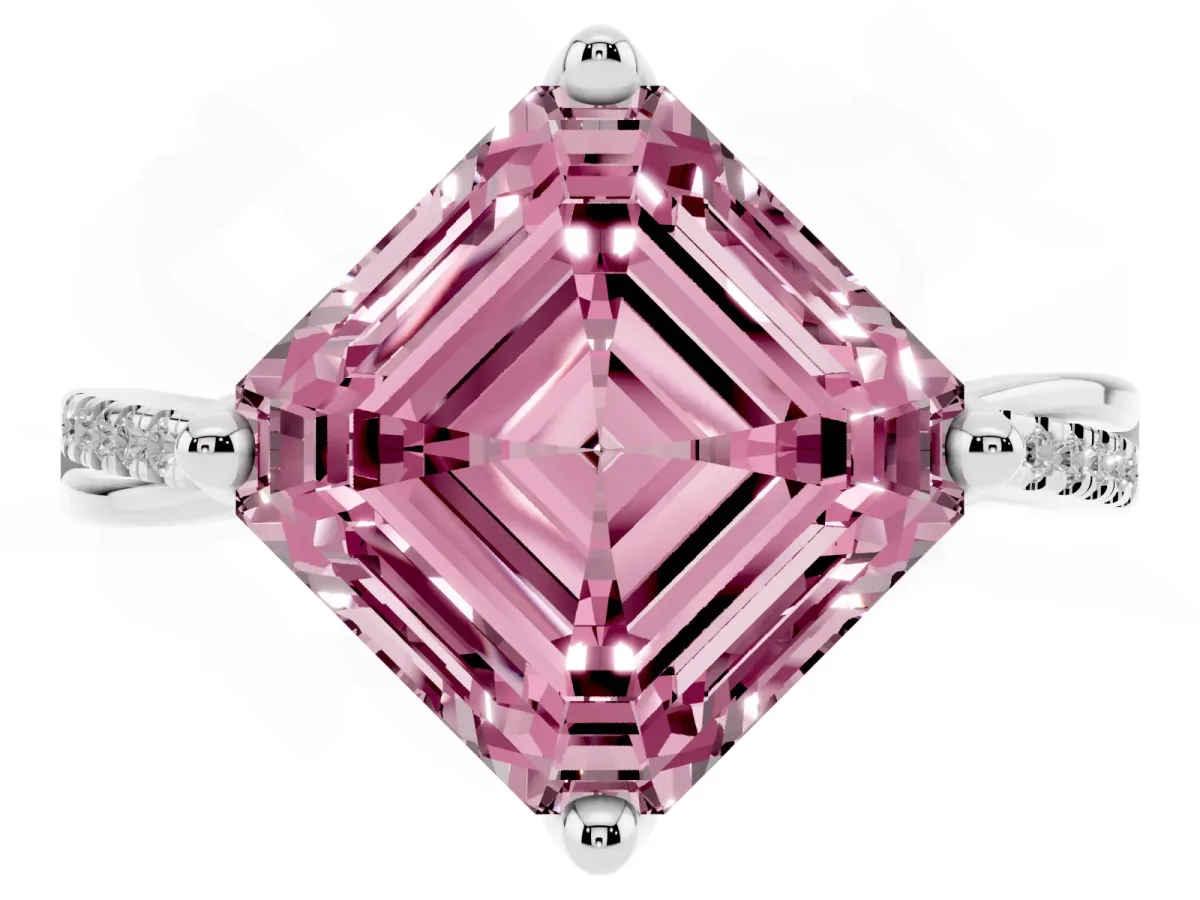 Fancy Pink Asscher Cut Solitaire Twist Band with Pavé Diamonds and Four-Prong Setting White gold