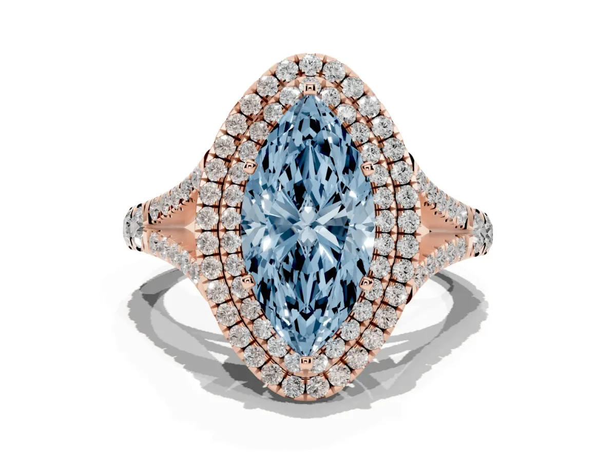 Fancy Blue Marquise Cut Cut Double Halo Split Shank Diamond Ring with Prong Setting Rose gold