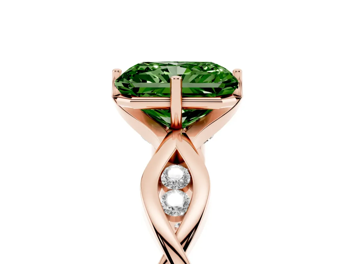 Fancy Green Radiant Cut Solitaire Twist Band with Leaf Prong Setting Rose gold