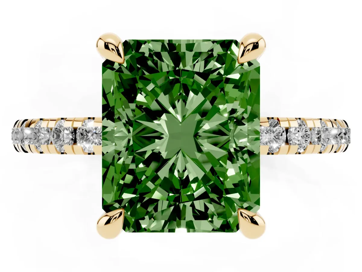 Fancy Green Radiant Cut Diamond Brilliant Solitaire Ring with Pavé Band and Four-Prong Setting Yellow gold