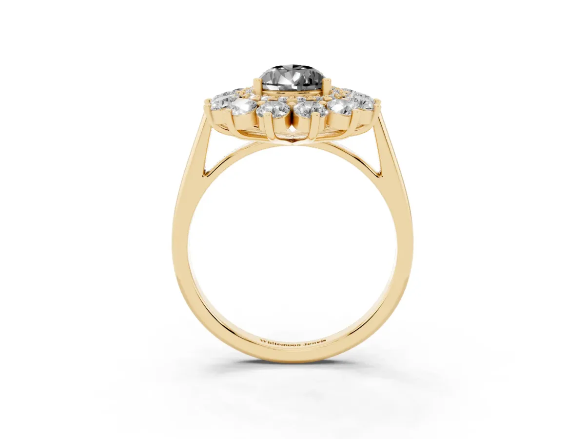 Fancy Black Pear Cut Diamond Floral Double Halo Engagement Ring with Prong Setting Yellow gold