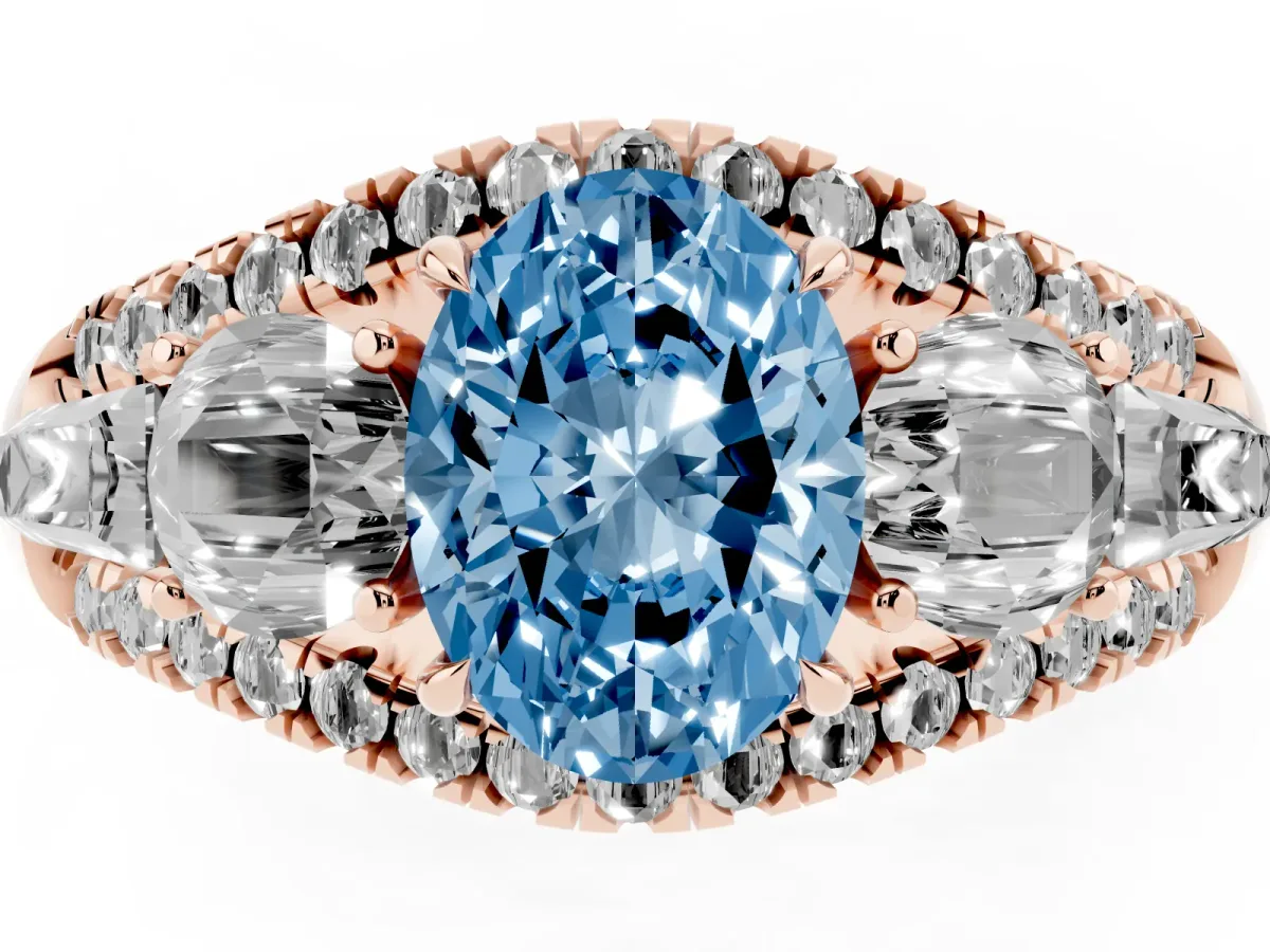 Fancy Blue Three-Stone Oval Cut Diamond Engagement Ring with Pave Band and Prong Setting Rose gold