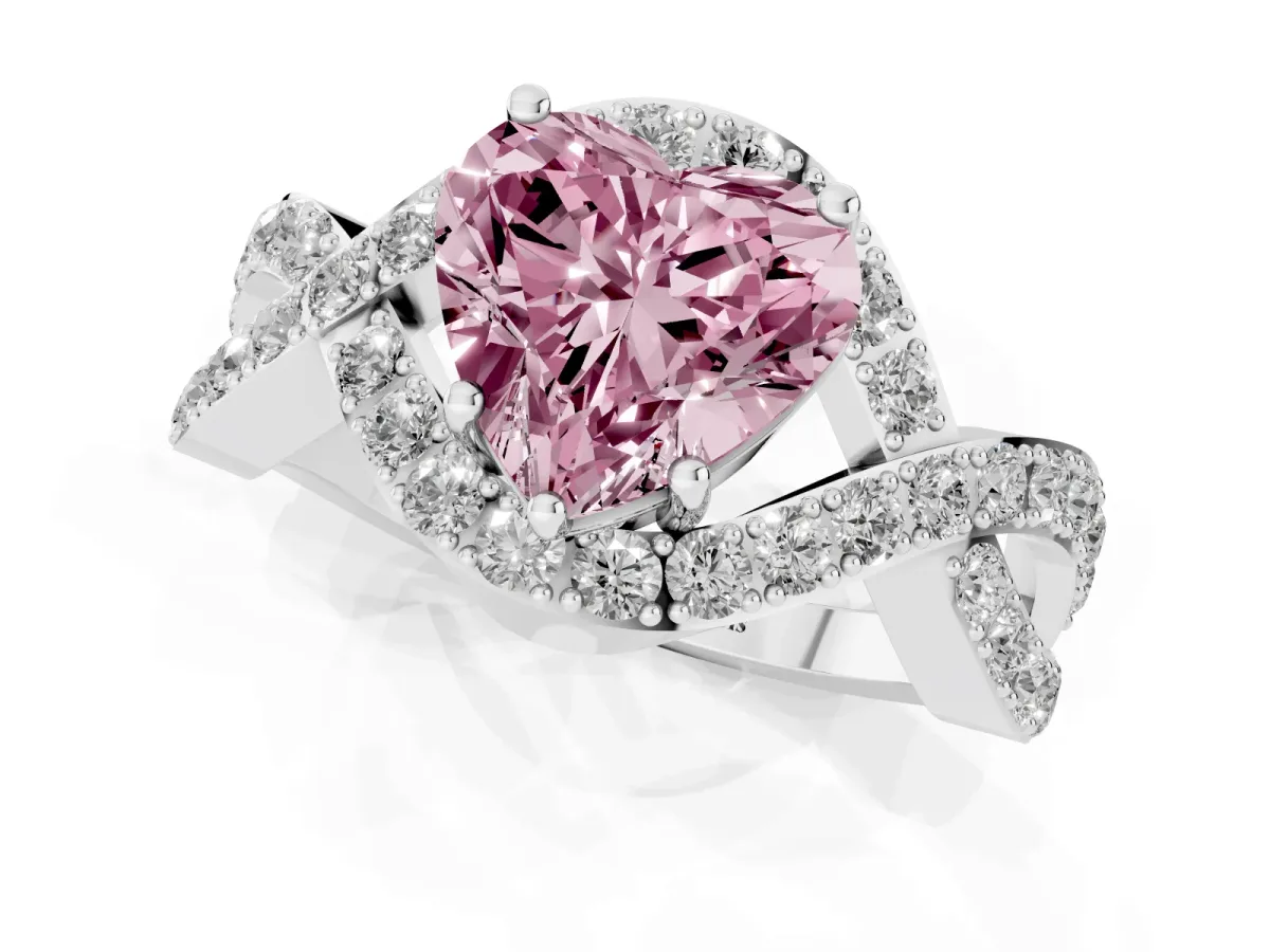 Fancy Pink Heart Cut Solitaire Twist Band Pavé Diamond Engagement Ring Silver