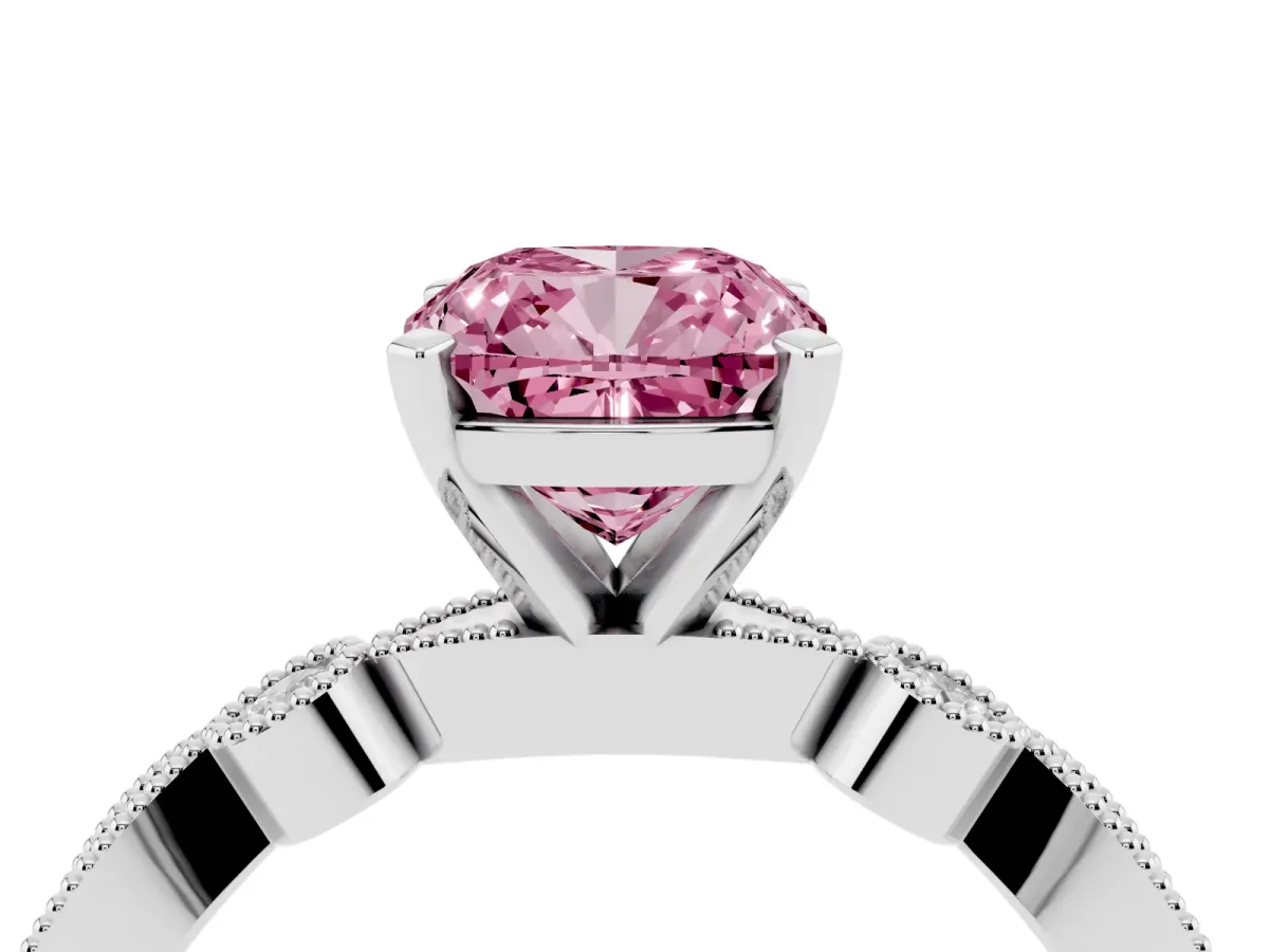 Fancy Pink Cushion Cut Milgrain Bezel Diamond Engagement Ring with Solitaire Prong Setting Silver
