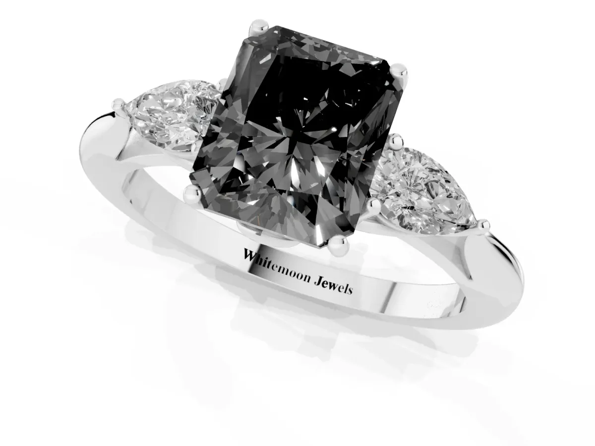 Fancy Black Three-Stone Radiant Cut Brilliant Diamond Solitaire Ring with Tapered Band and Four-Prong Setting Silver