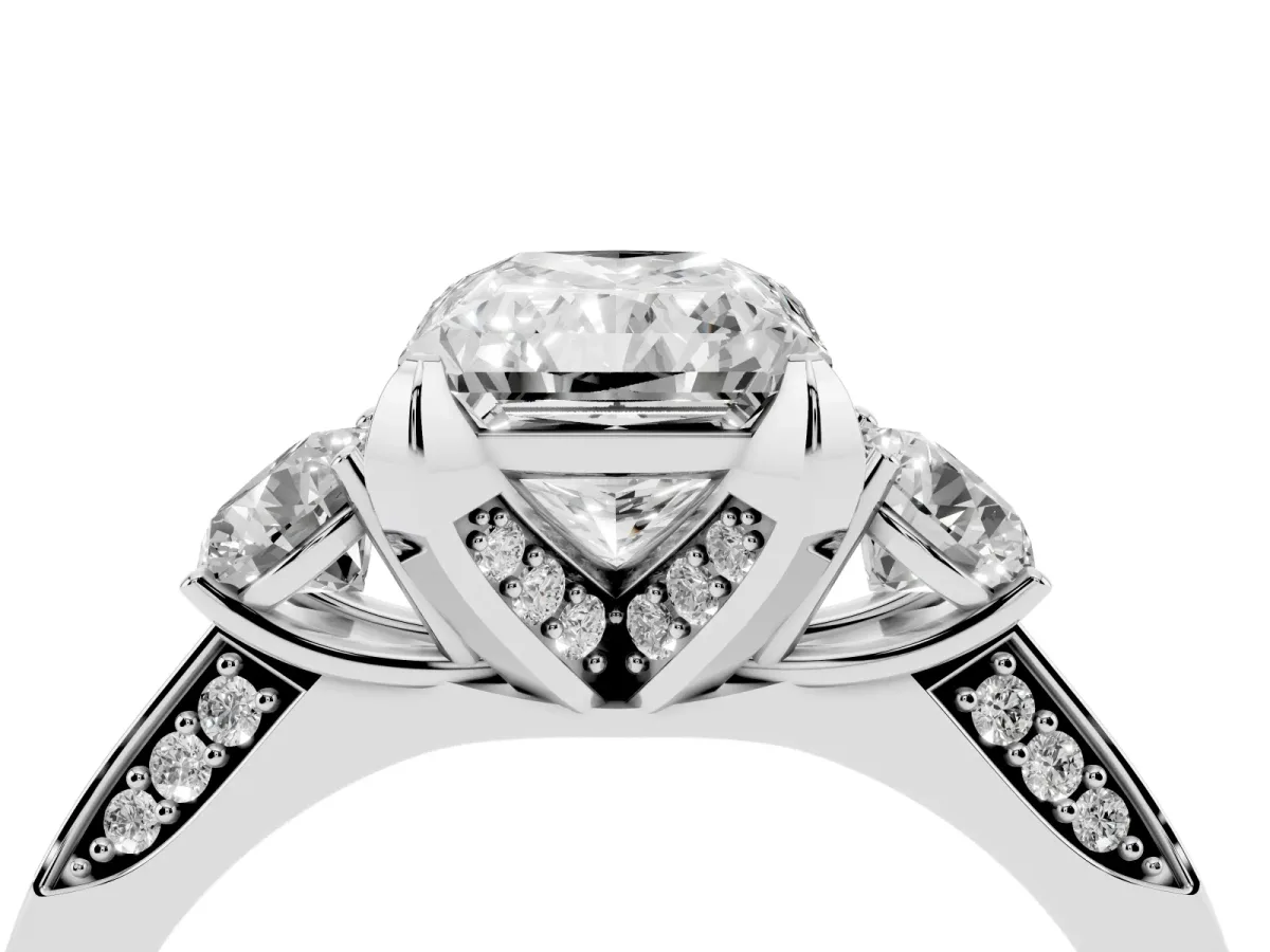 Radiant Cut Brilliant Three-Stone Diamond Ring with Pavé Band and Four-Prong Setting White gold