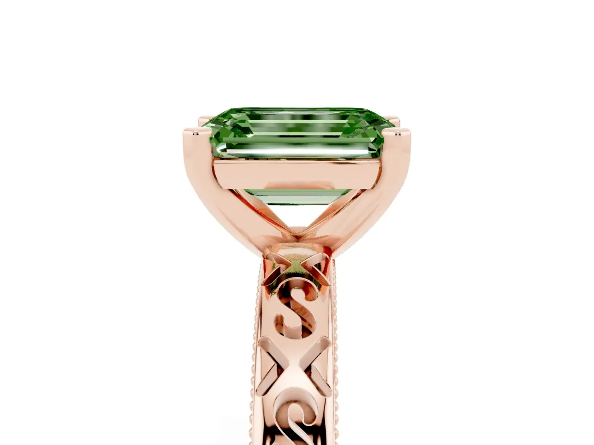 Fancy Green Emerald Cut Solitaire Engagement Ring with Scrollwork Band and Four-Prong Setting Rose gold