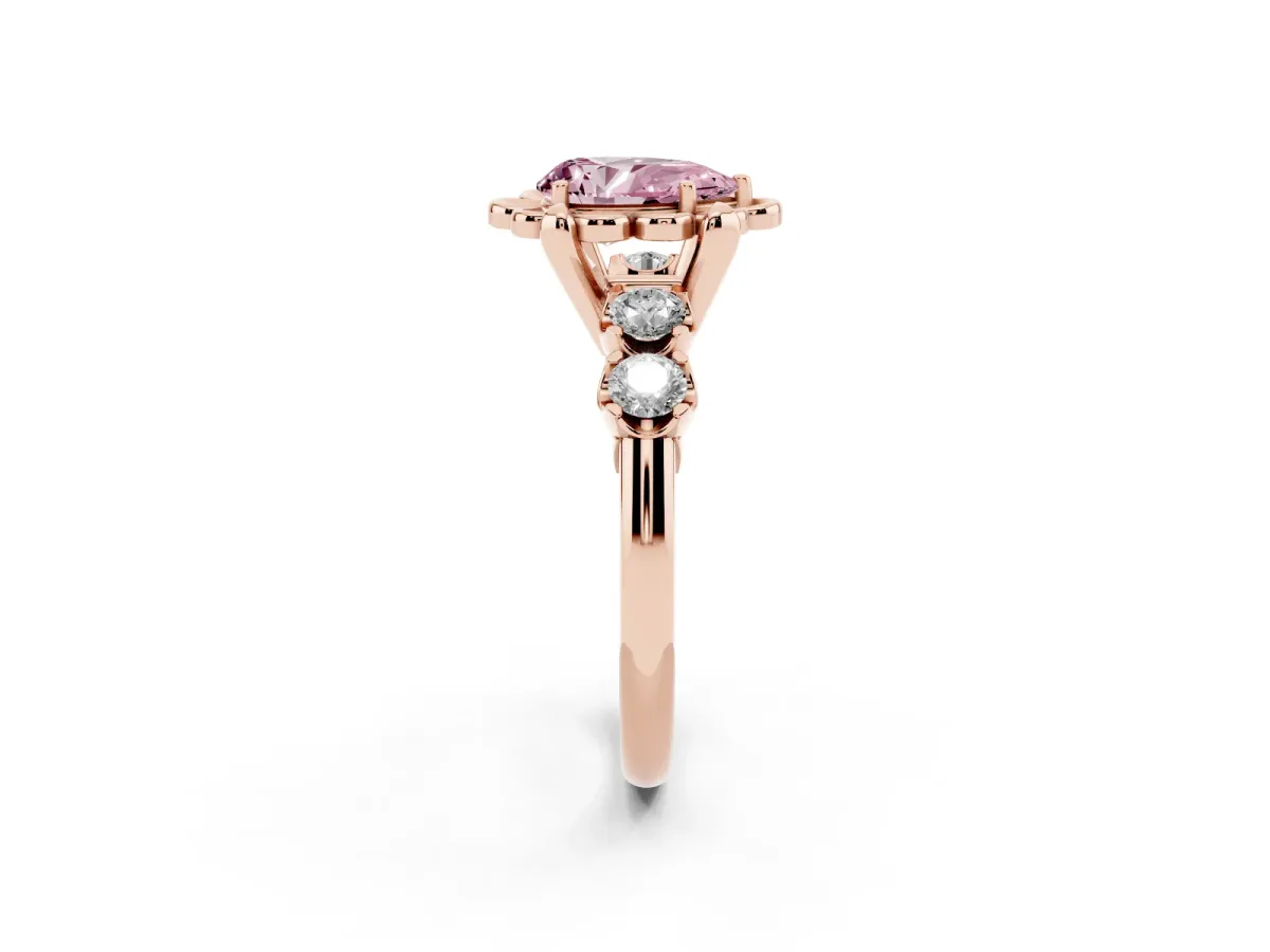 Fancy Pink Pear Cut Cut Diamond Floral Halo Engagement Ring with Shared Prong Setting Rose gold