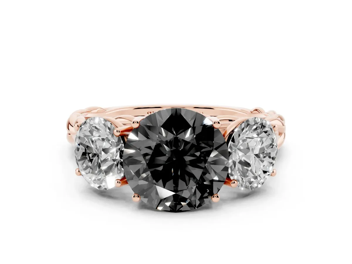 Fancy Black Three-Stone Round Cut Diamond Braided Band Ring with Four-Prong Setting Rose gold