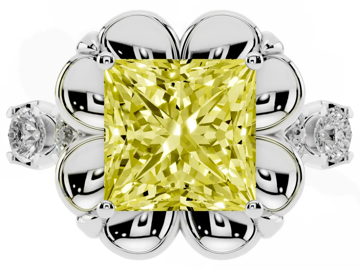 Fancy Yellow Princess Cut Cut Diamond Floral Halo Engagement Ring with Shared Prong Setting Platinum