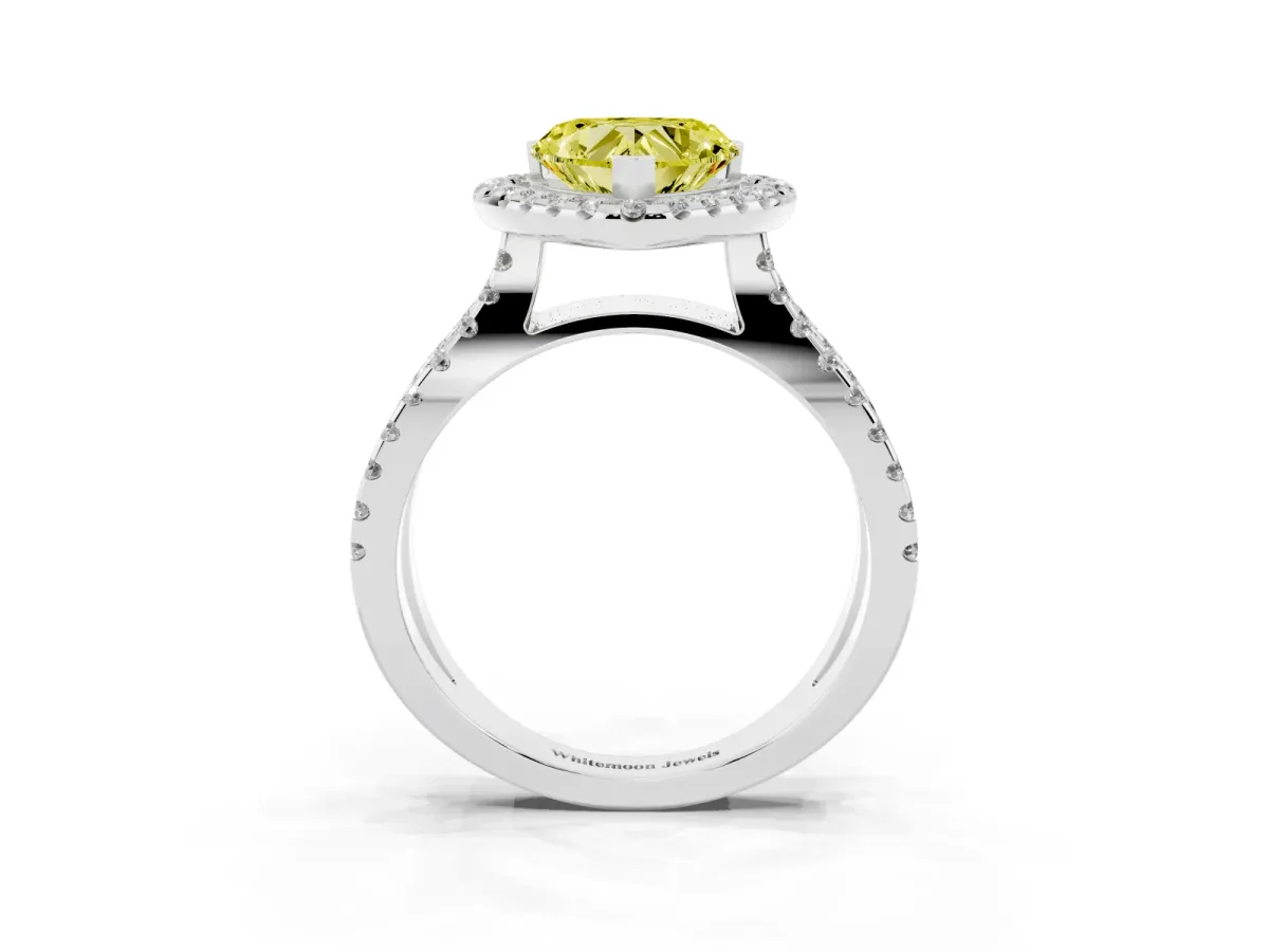 Fancy Yellow Heart Cut Diamond Halo Ring with Split Shank Pavé Band and Prong Setting Silver