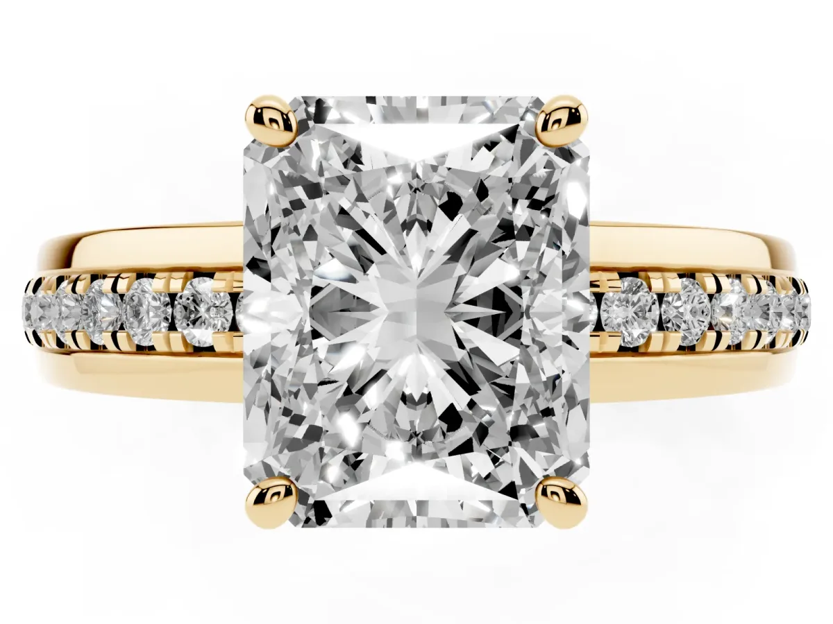 Radiant Cut Solitaire Diamond Ring with Channel Set Band and Six-Prong Setting Yellow gold