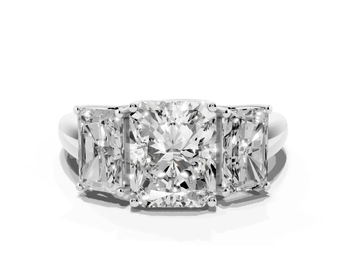 Three-Stone Radiant Cut Diamond Engagement Ring with Prong Setting Silver