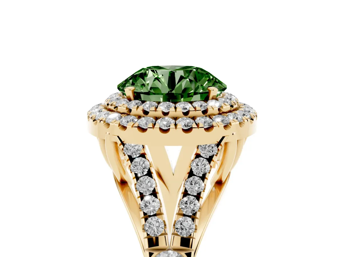 Fancy Green Round Cut Diamond Double Halo Ring with Split Shank and Prong Setting Yellow gold
