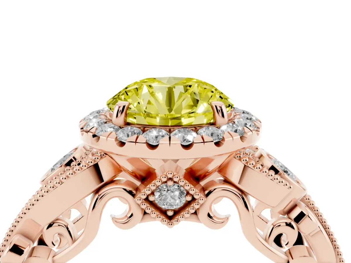 Fancy Yellow Round Cut Halo Diamond Ring with Milgrain and Bezel Accents on a Split Shank Band Rose gold