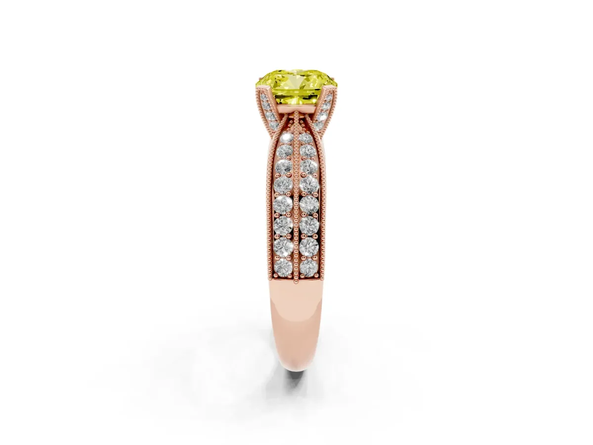 Fancy Yellow Cushion Cut Diamond Solitaire Ring with Milgrain Round Pavé Band and Prong Setting Rose gold