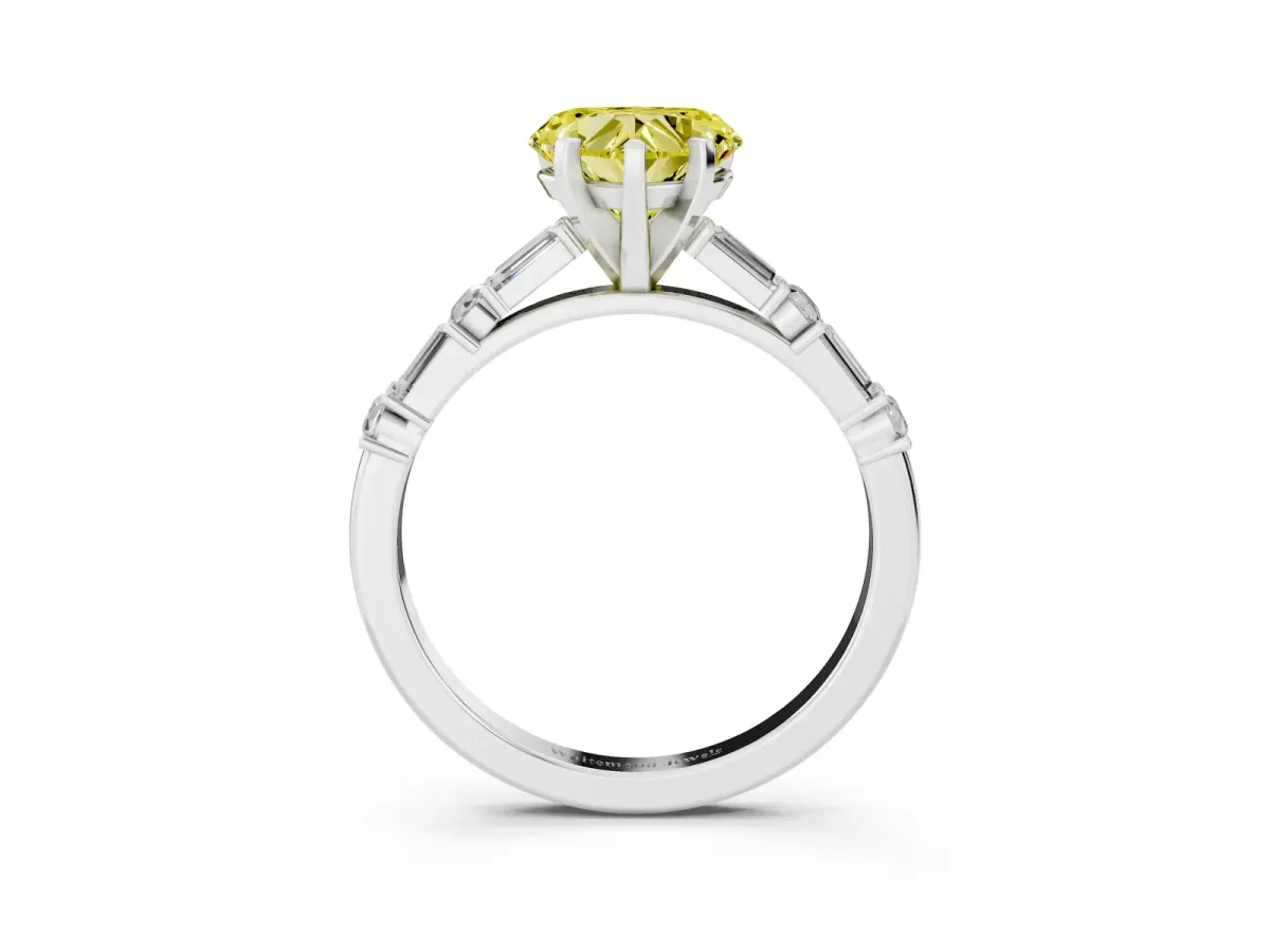Fancy Yellow Heart Cut Diamond Solitaire with Side Baguettes and Channel Set Band Silver