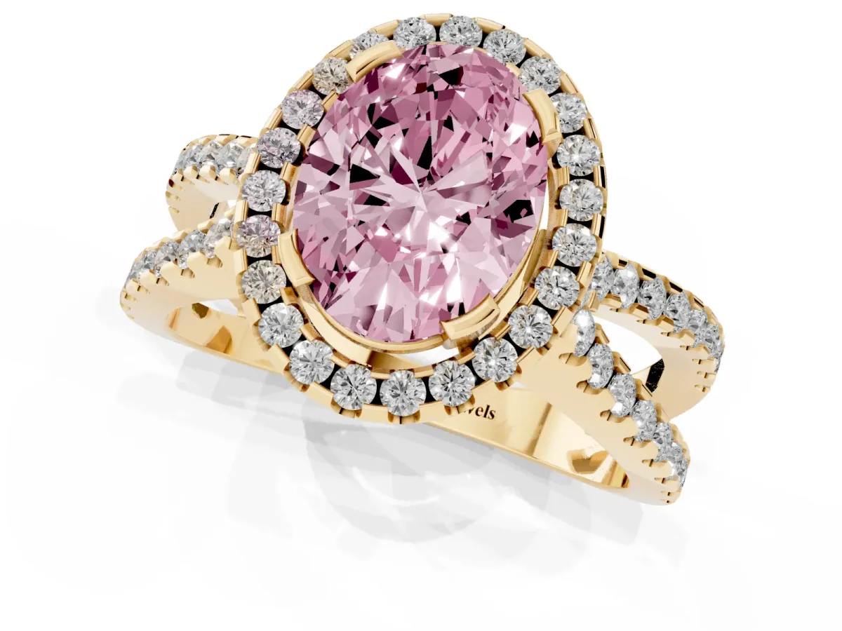 Fancy Pink Oval Cut Diamond Halo Ring with Split Shank Pavé Band and Prong Setting Yellow gold