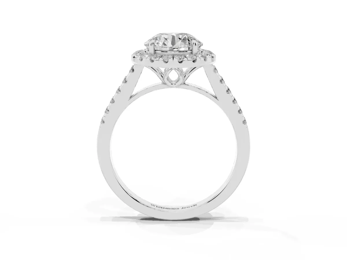 Round Cut Halo Pavé Diamond Engagement Ring with Four-Prong Setting Silver