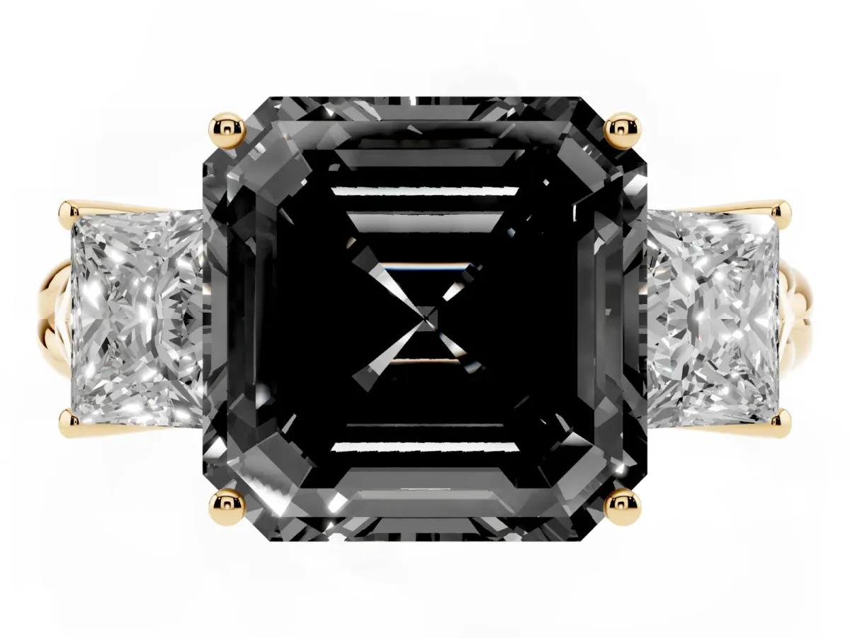 Fancy Black Three-Stone Asscher Cut Diamond Braided Band Ring with Four-Prong Setting Yellow gold