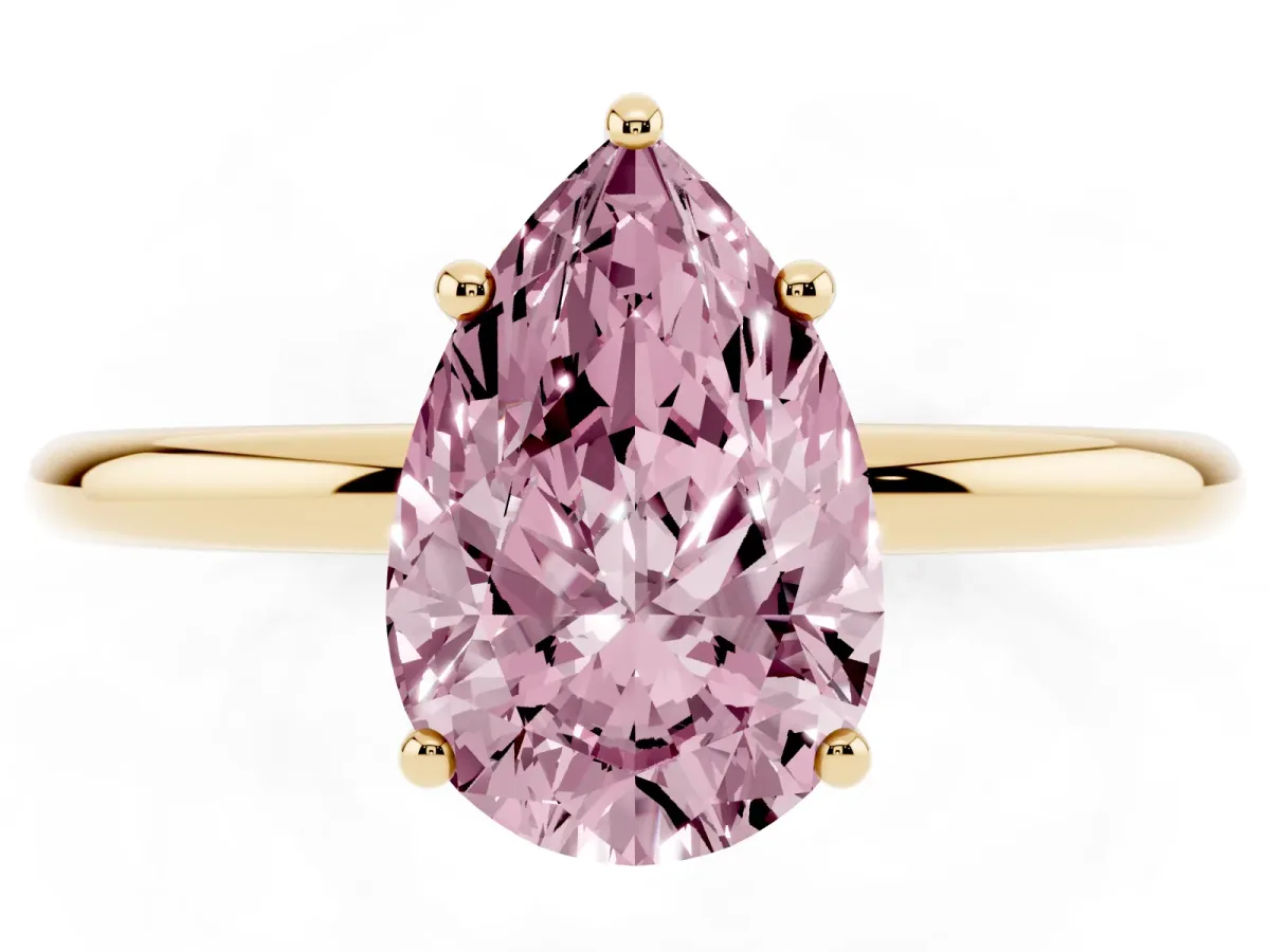 Fancy Pink Pear Cut Solitaire Diamond Ring with a Classic Band and Four-Prong Setting Yellow gold