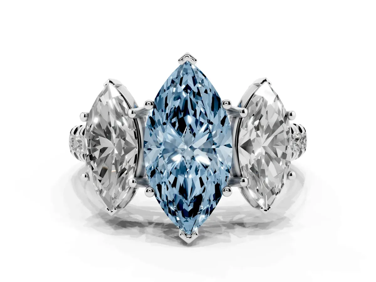Fancy Blue Three-Stone Marquise Cut Diamond Pavé Band with Prong Setting Platinum