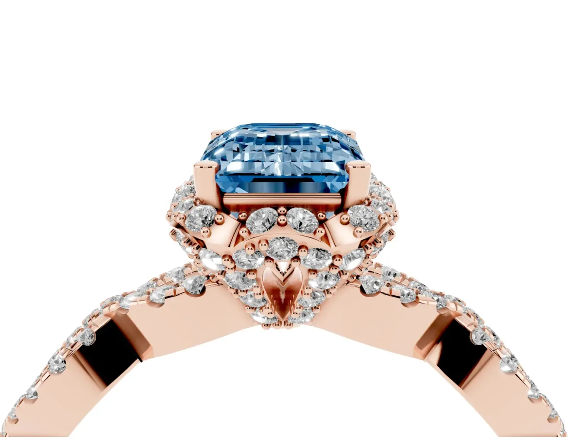 Fancy Blue Emerald Cut Halo Twist Band Solitaire Ring with Six-Prong Setting Rose gold