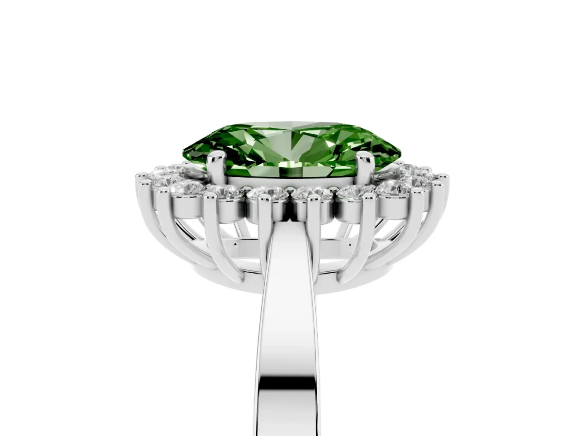 Fancy Green Oval Cut Cut Diamond Halo Ring with Round Brilliant Halo and Solitaire Band Silver