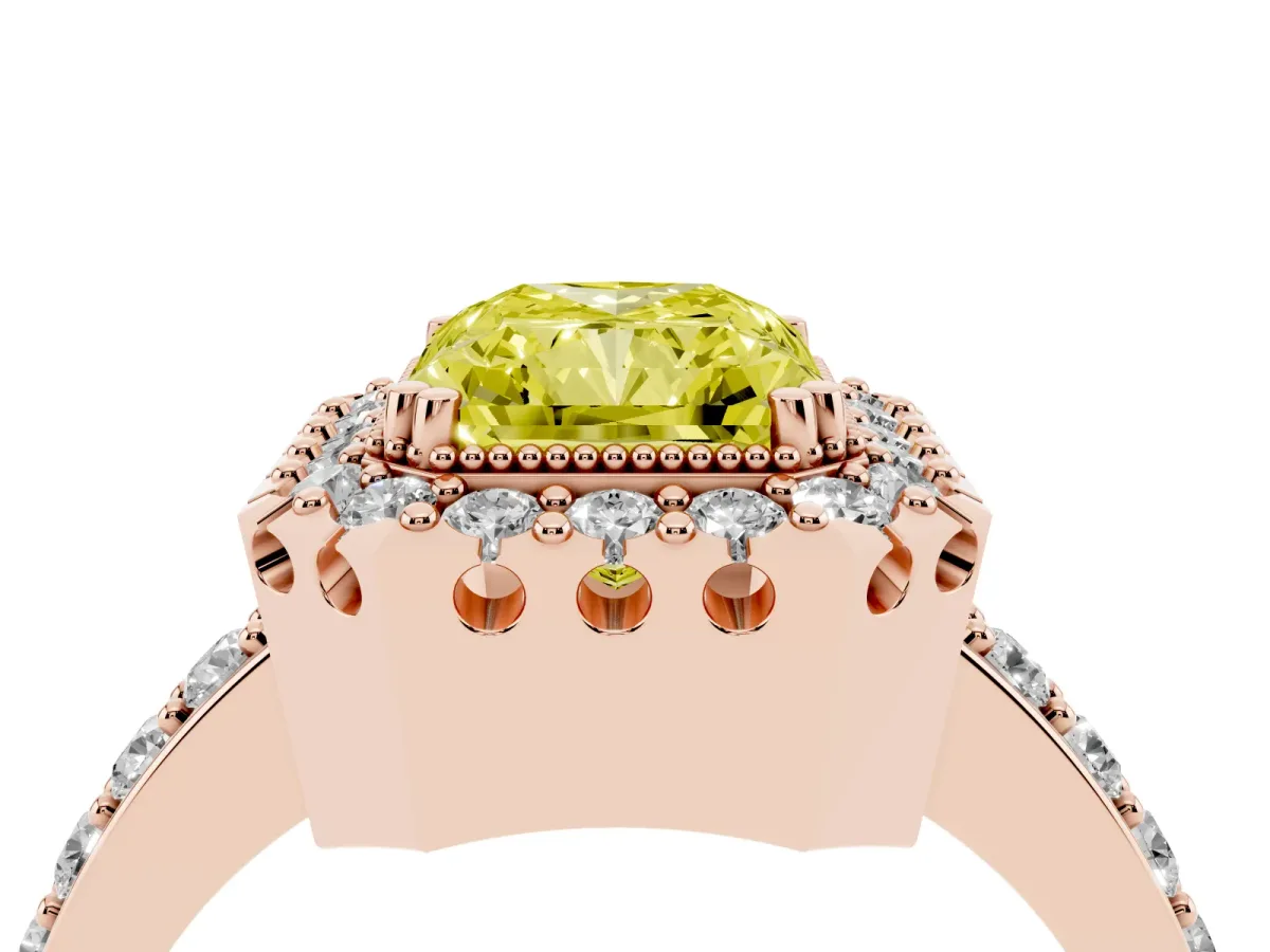 Fancy Yellow Radiant Cut Diamond Halo Ring with Pavé Band and Prong Setting Rose gold