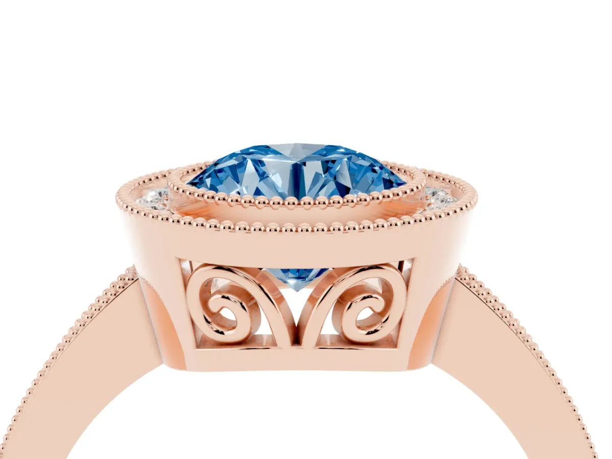 Fancy Blue Round Cut Cut Halo Diamond Ring with Pavé Band and Milgrain Prong Setting Rose gold