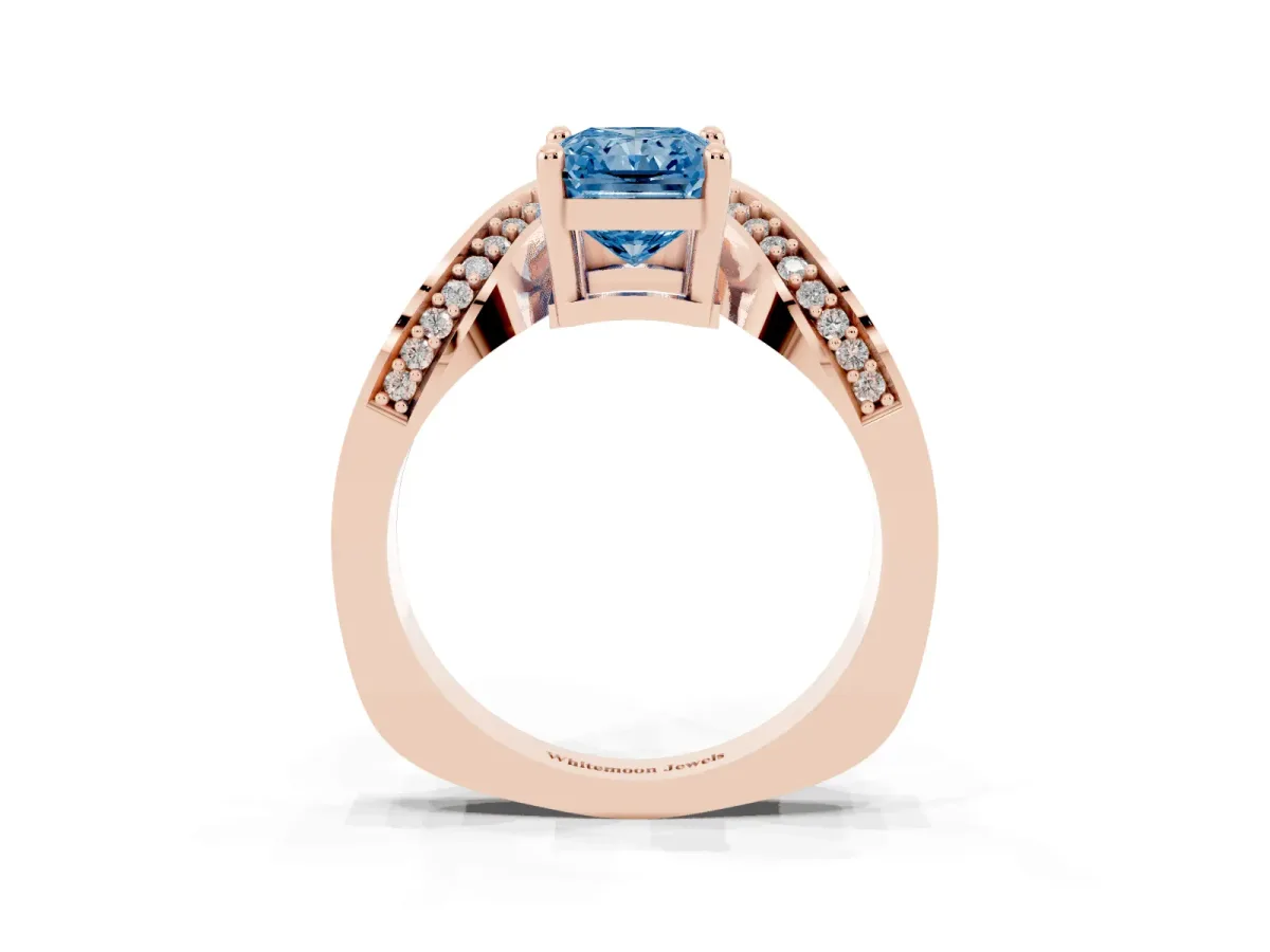 Fancy Blue Radiant Cut Solitaire Diamond Engagement Ring with Pave Band and Four-Prong Setting Rose gold