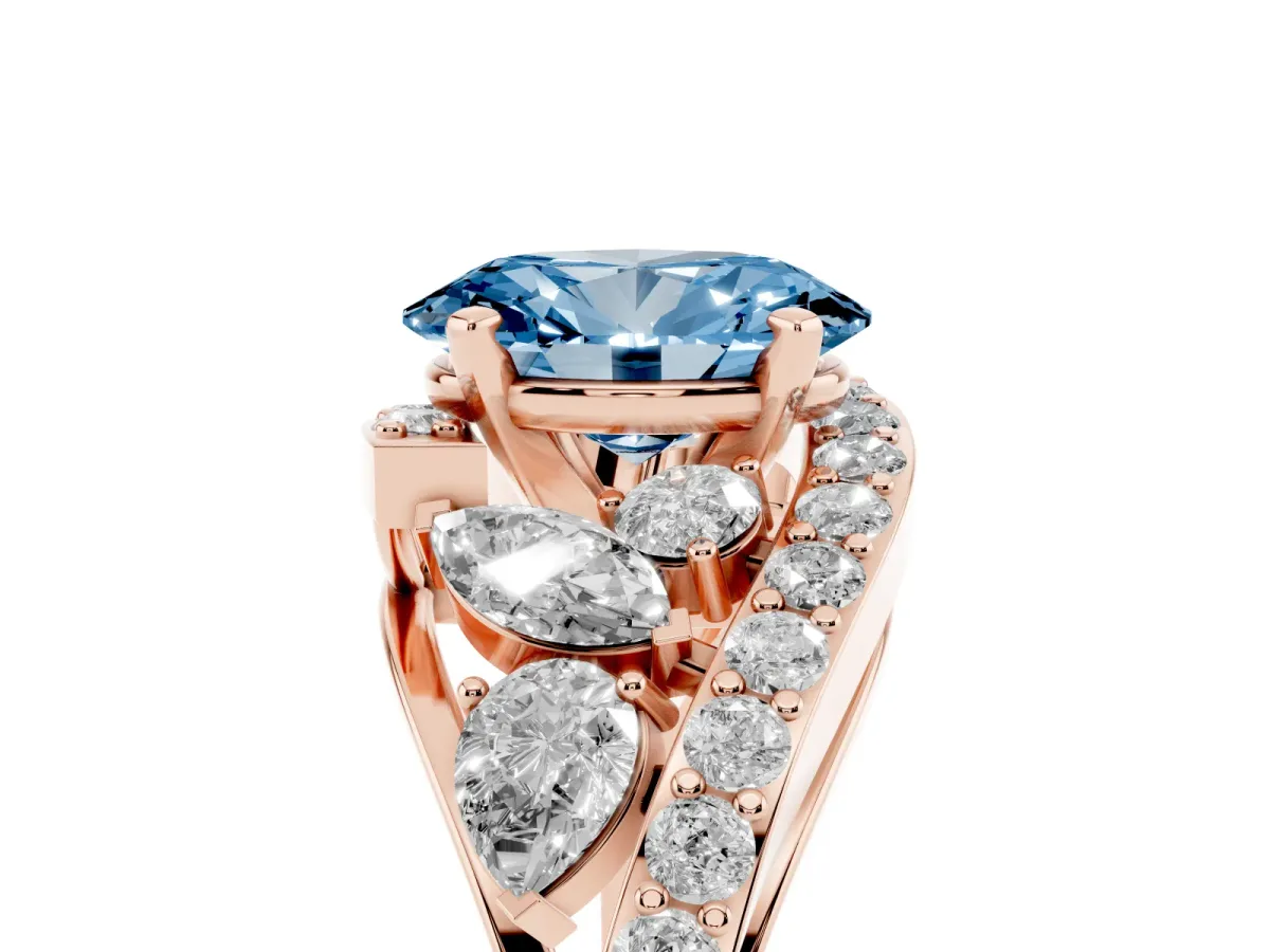Fancy Blue Oval Cut Diamond Halo Ring with Marquise and Pavé Band in Prong Setting Rose gold