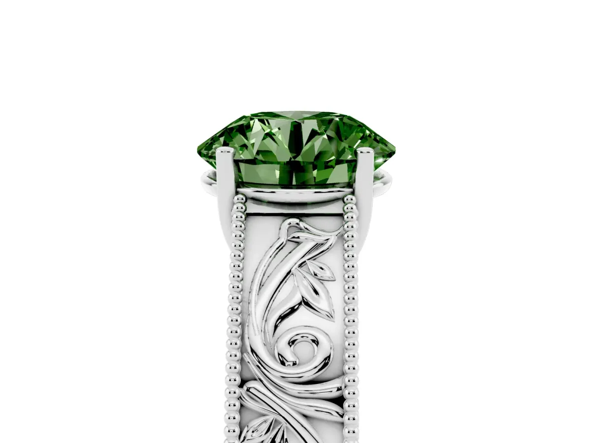 Fancy Green Round Cut Diamond Solitaire Ring with Engraved Band and Four-Prong Setting White gold