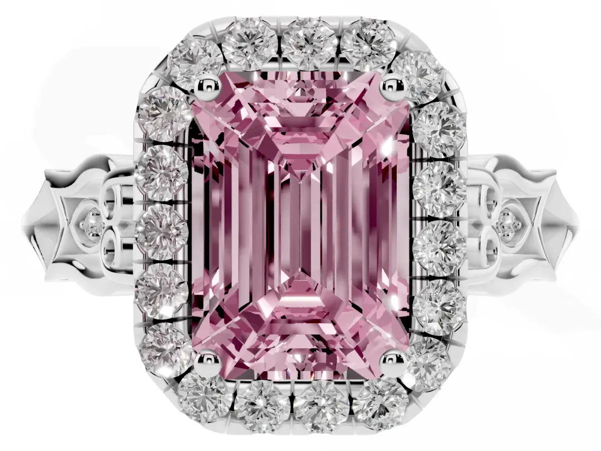 Fancy Pink Emerald Cut Halo Diamond Engagement Ring with Filigree Band and Four-Prong Setting Platinum